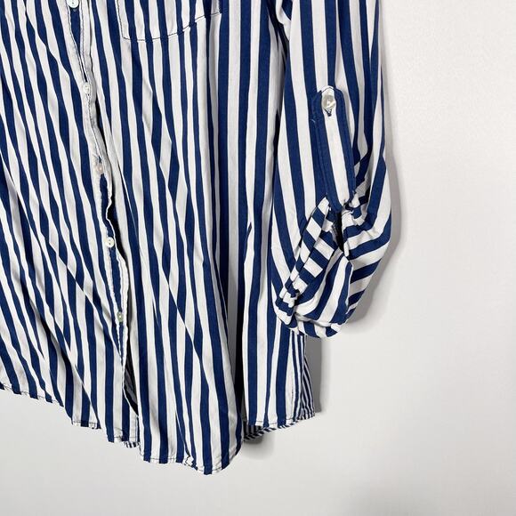 Jane and Delancey Womens Large Blue White Striped 3/4 Sleeve Blouse Button Back - Picture 3 of 8